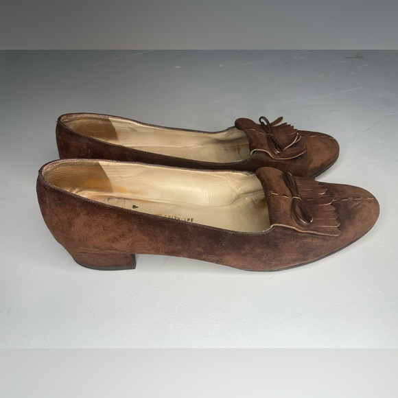Salvatore Ferragamo Vintage Brown Suede Women’s Loafer Heel Fringe Bow Size 9 - Picture 12 of 16